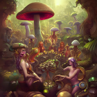 Fantastical digital artwork of nude female figures in whimsical mushroom forest