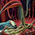 Surreal artwork: elongated green creature with eye-like body in red drapery.