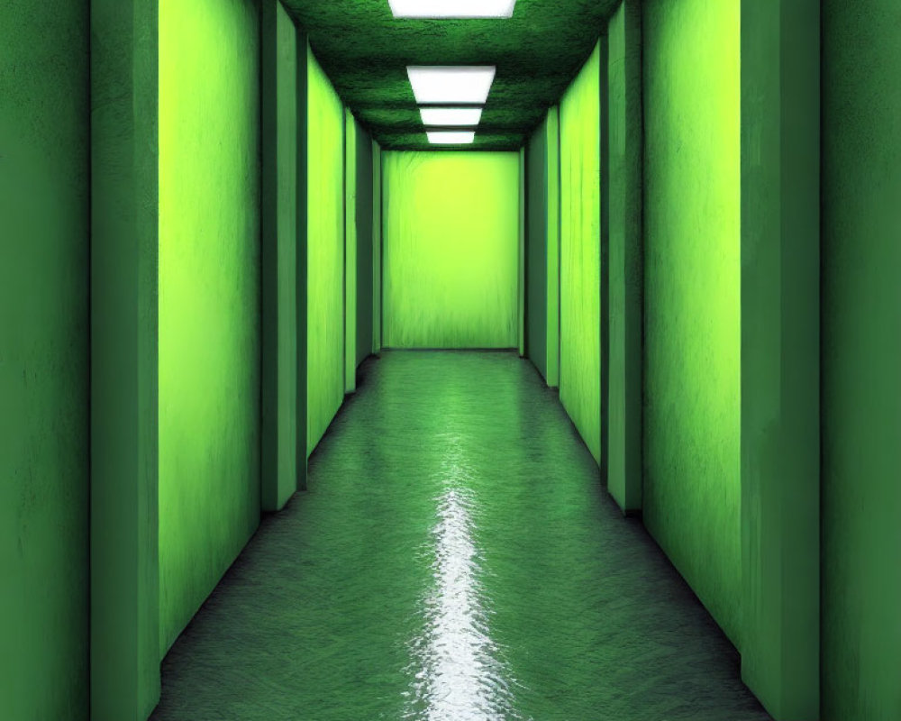 Green-walled corridor with glossy floor and fluorescent lighting