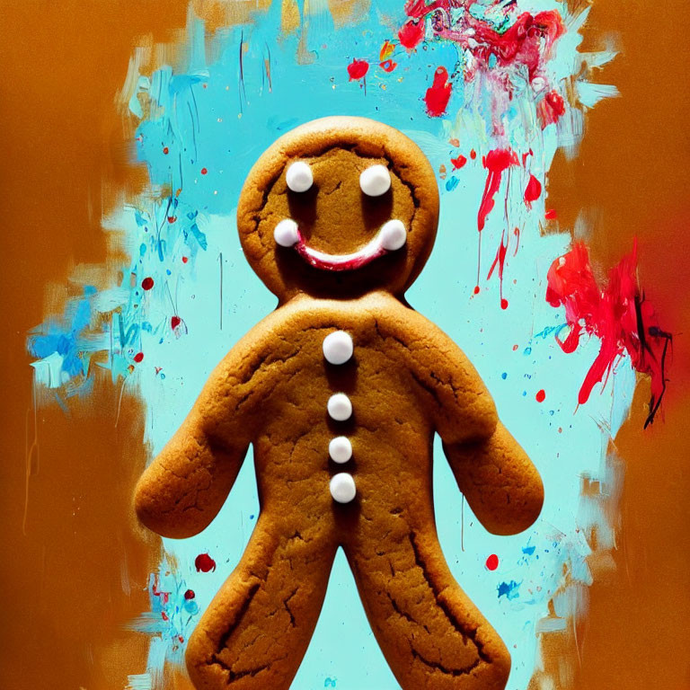 Colorful Gingerbread Man on Vibrant Paint Splatter Background