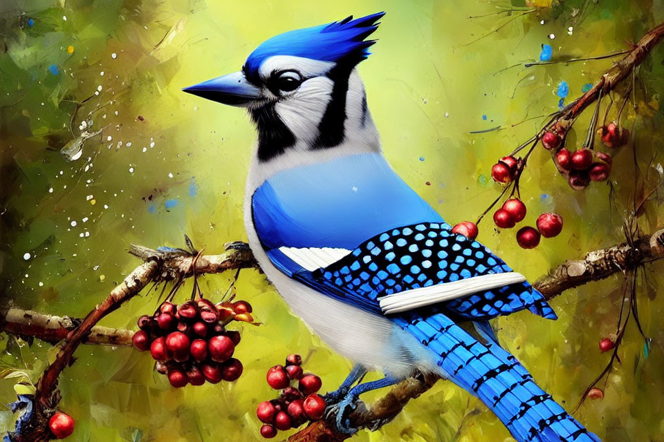Colorful Blue Jay Illustration on Branch with Red Berries in Green Background