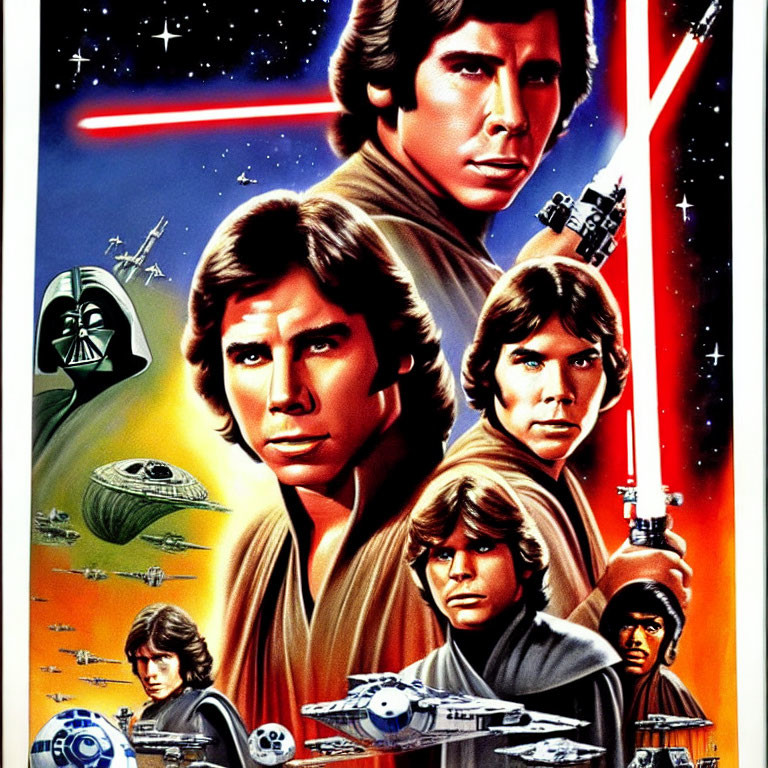 Sci-fi saga characters and spacecraft on colorful poster with red and blue light beams