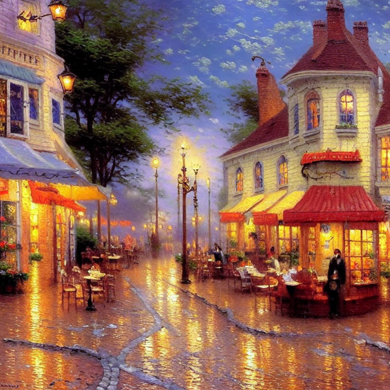 Cobblestone Street at Dusk with Lit Lamps and Outdoor Dining
