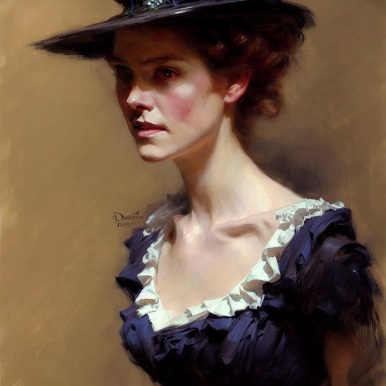 Portrait of Woman in Hat with Warm Tones and Detailed Brushwork