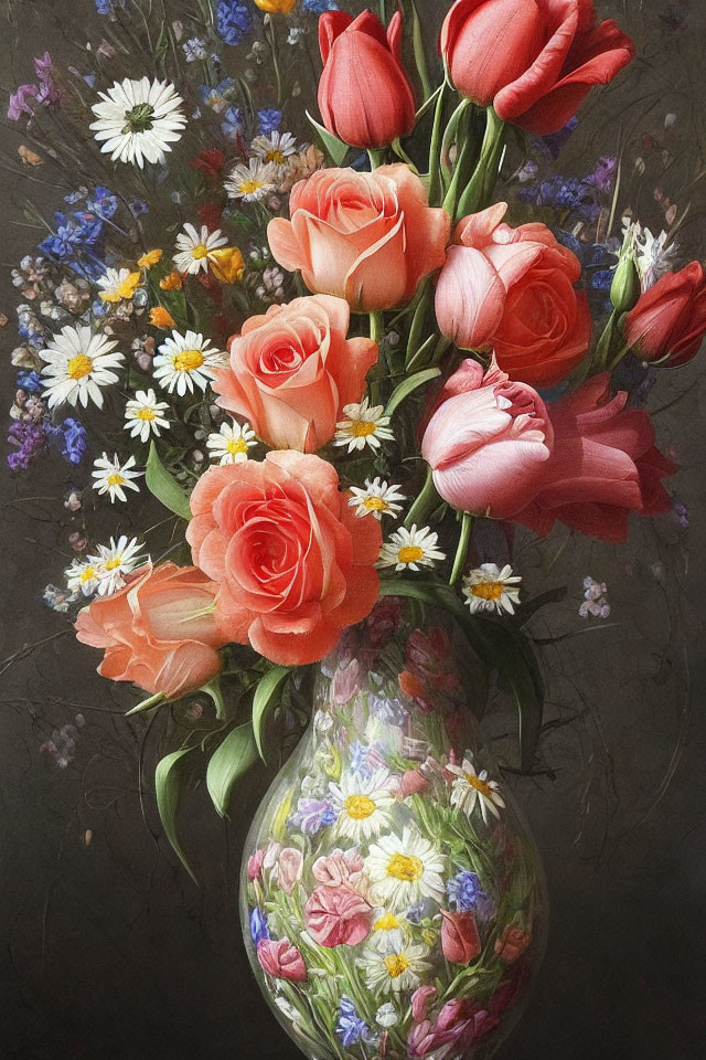 Pink roses and wildflowers in floral vase on dark background