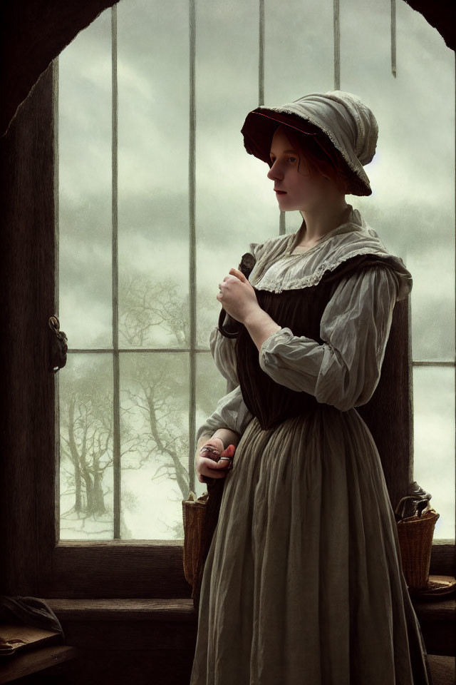 Vintage-dressed woman with basket at barred window in historical scene