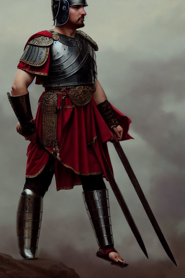 Detailed Roman soldier costume with armor, helmet, and sword against cloudy backdrop