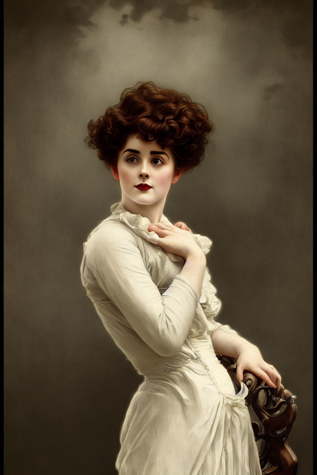 Vintage Portrait of Woman with Voluminous Hair in High-collar Blouse