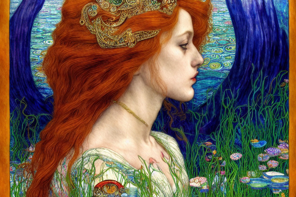 Illustration of woman with red hair and crown in blue and green floral motif