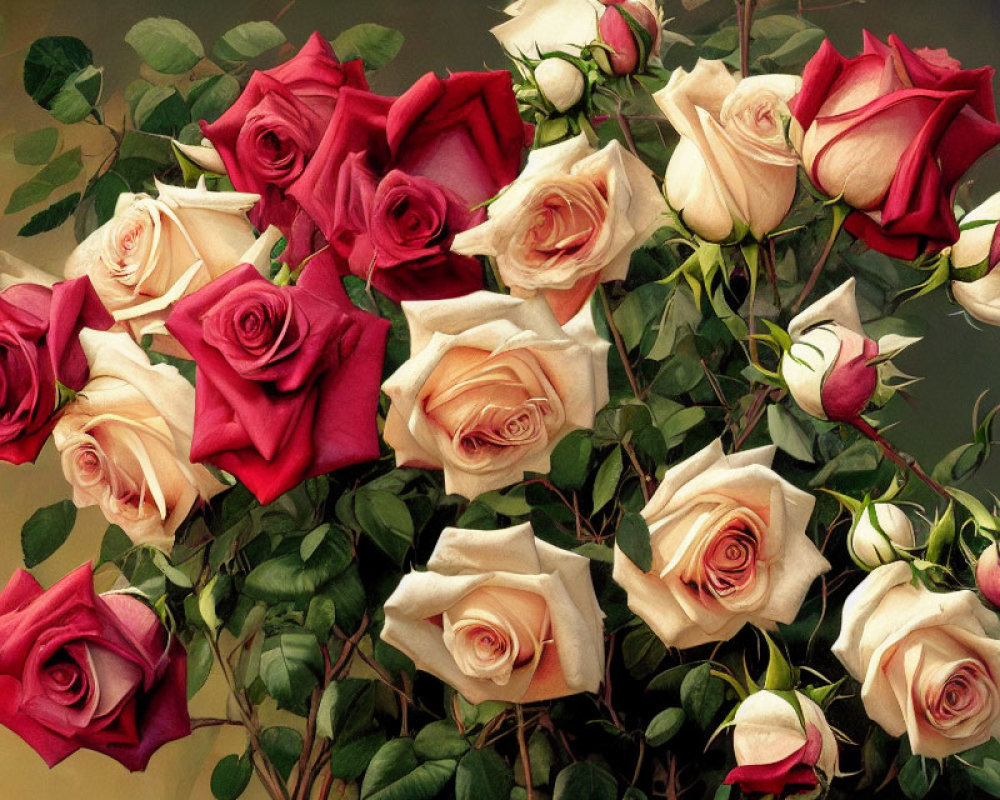 Assortment of Pink and Red Roses in Full Bloom and Buds