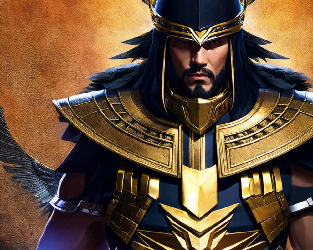 Illustrated warrior in detailed golden and blue armor with stern expression