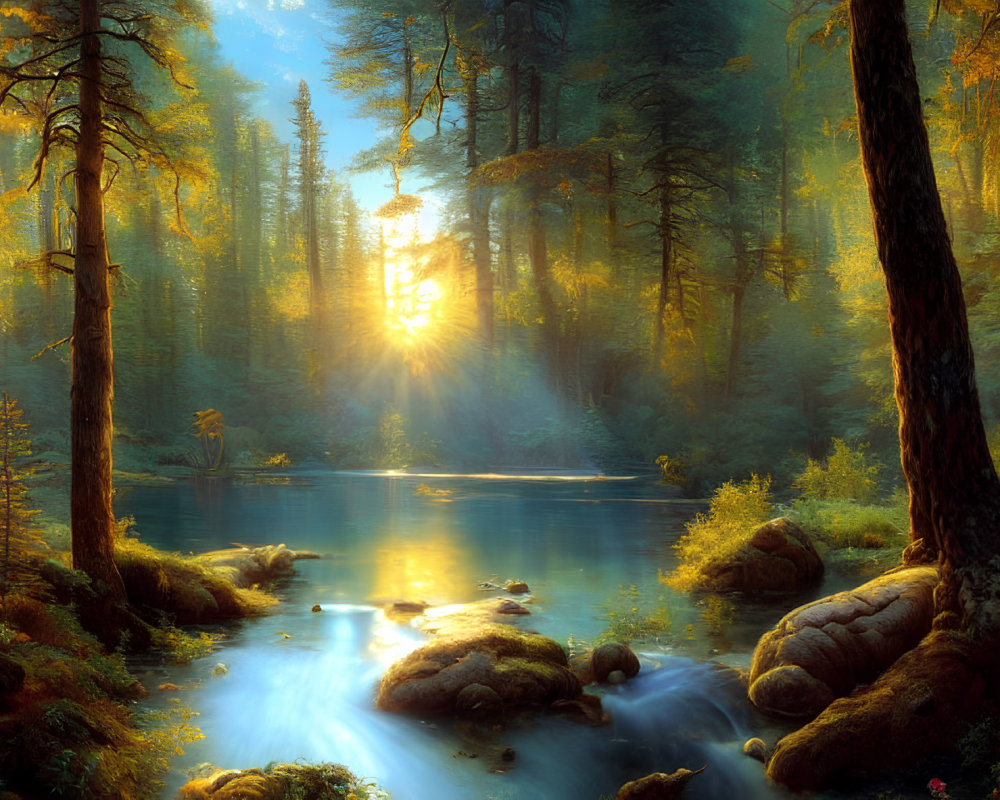 Tranquil forest landscape with sunlight on river