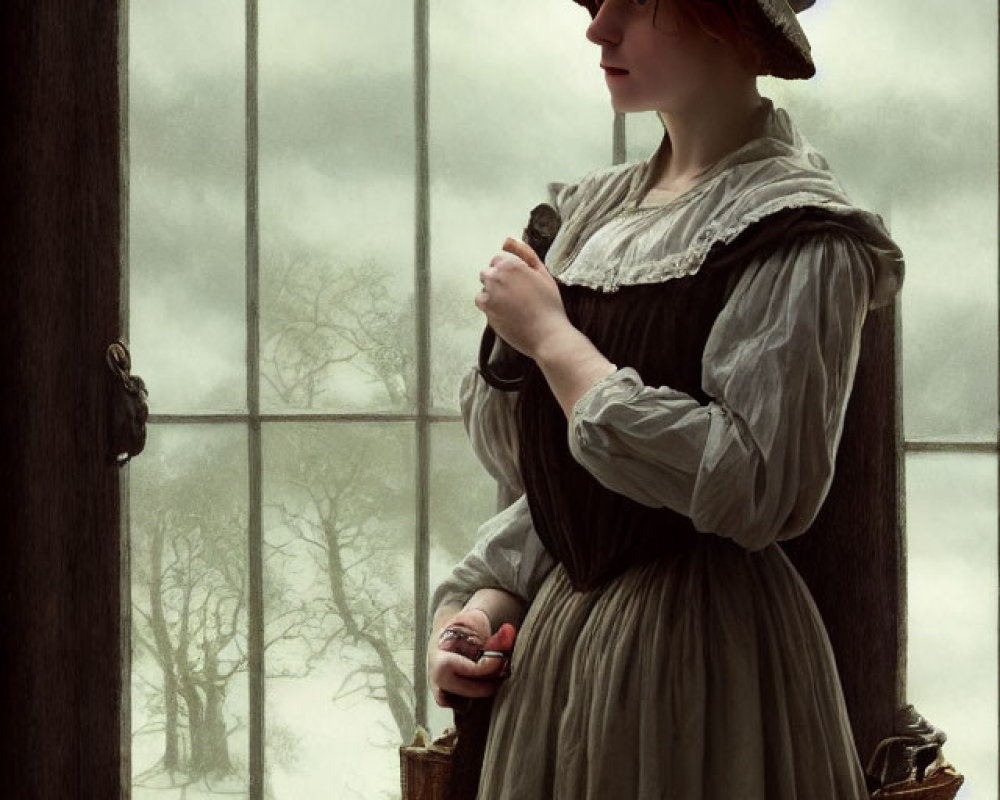 Vintage-dressed woman with basket at barred window in historical scene