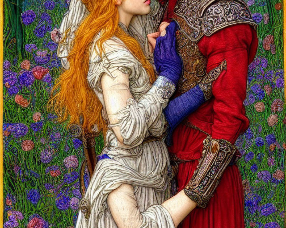 Romantic Couple Embracing in Field of Purple Flowers in Period Costumes