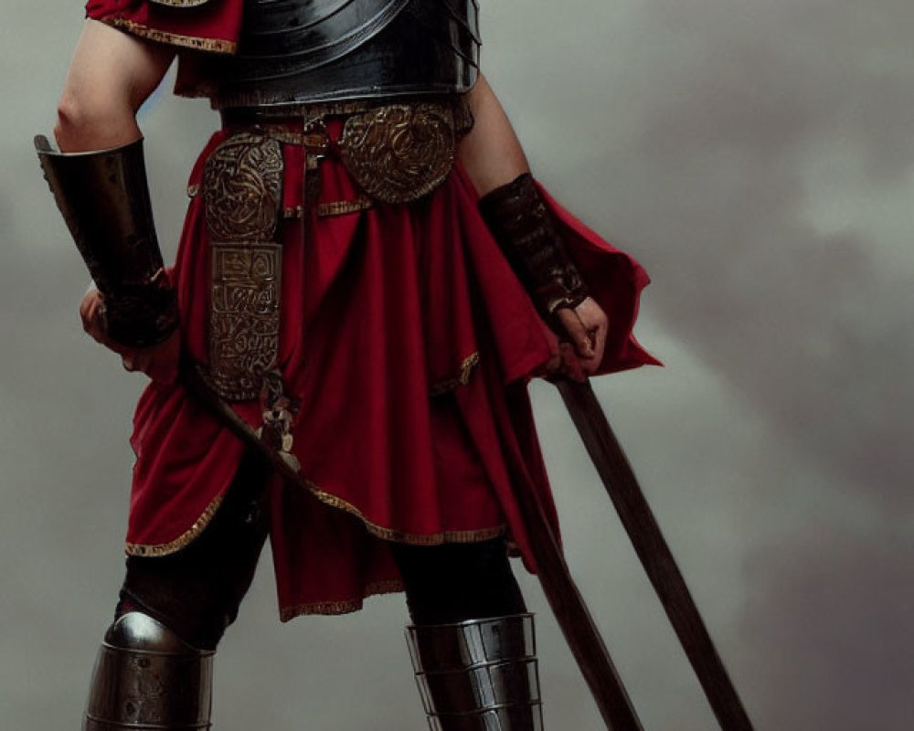 Detailed Roman soldier costume with armor, helmet, and sword against cloudy backdrop