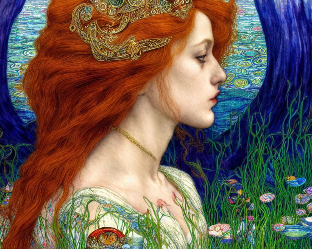 Illustration of woman with red hair and crown in blue and green floral motif