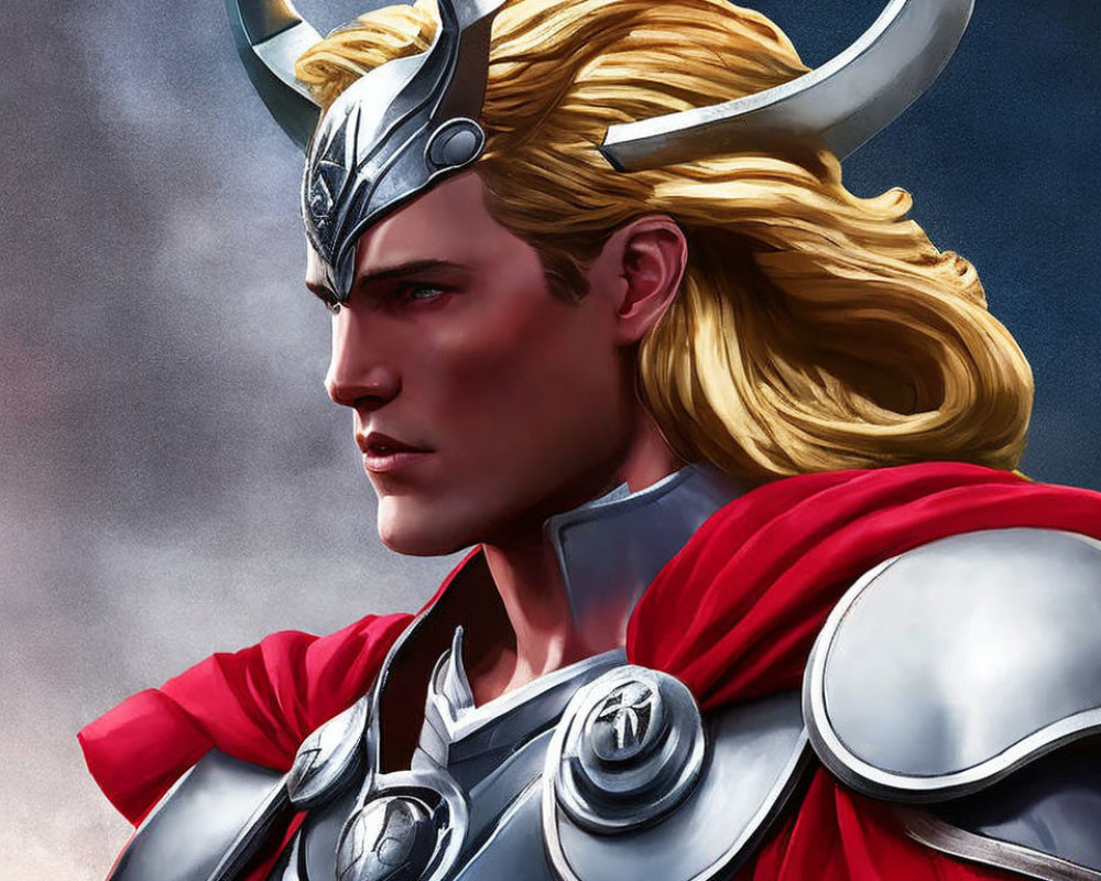 Blonde armored male character with winged helmet and red cape illustration
