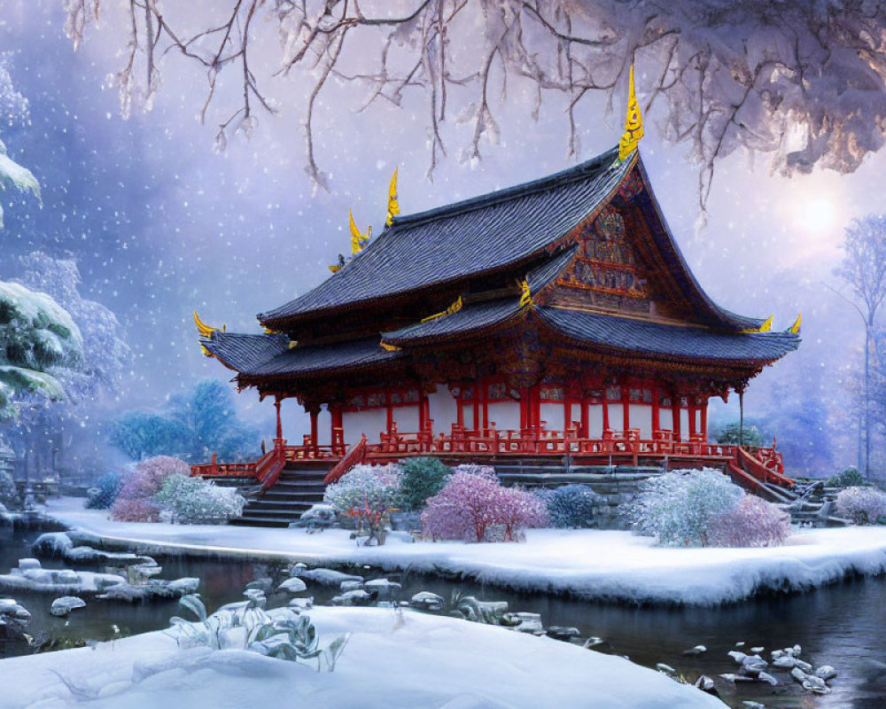 Traditional Asian Temple in Snowy Landscape with Red and Gold Details