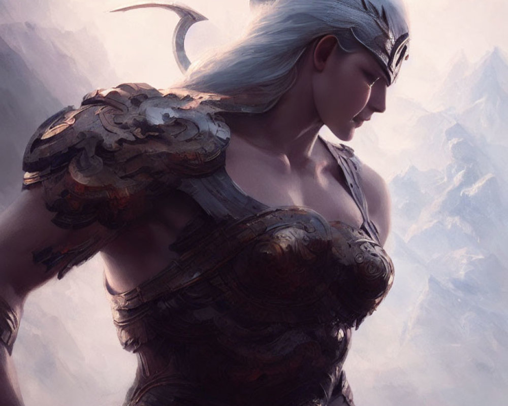 Silver-Haired Warrior in Bronze Armor Against Mountain Backdrop