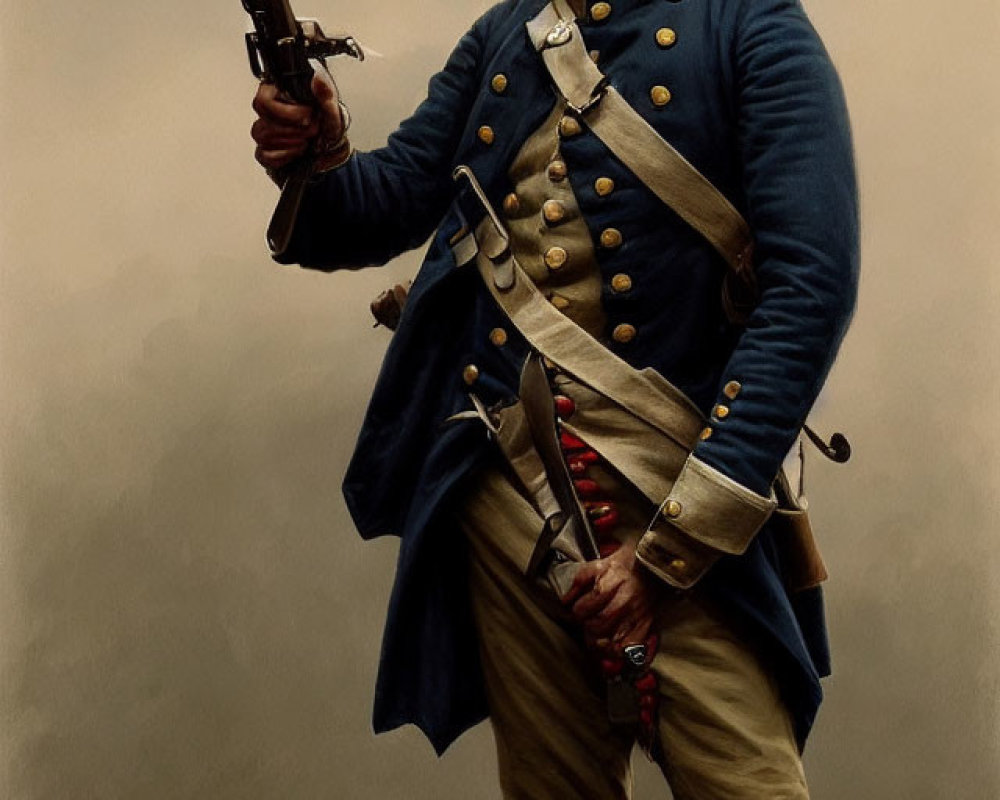 Revolutionary War soldier in blue uniform with flintlock rifle against misty backdrop