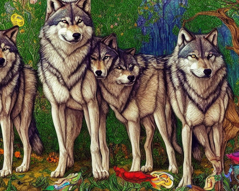 Detailed Realistic Wolves in Colorful Forest Setting