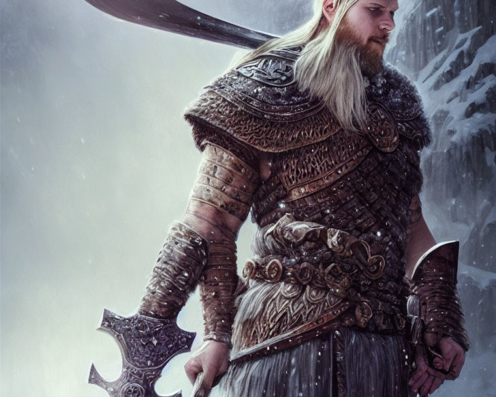 Viking warrior in snowstorm with long beard and ornate axe
