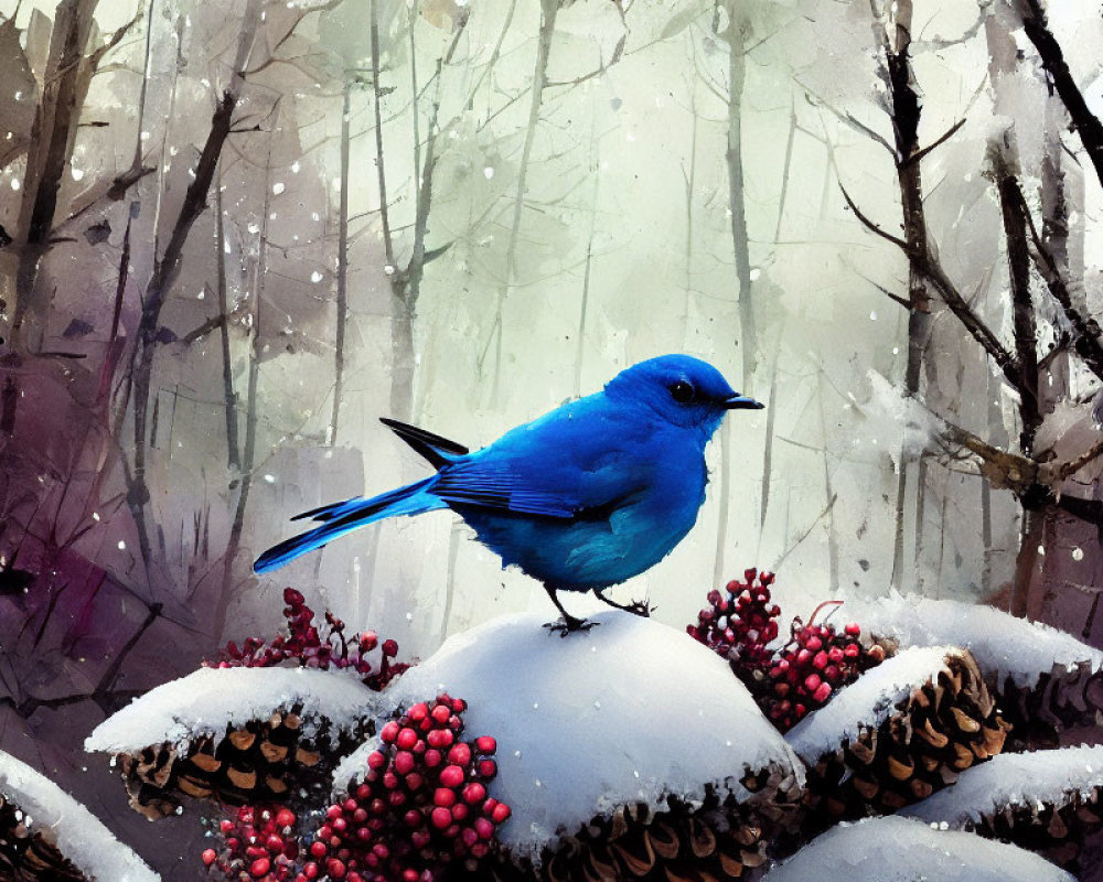 Bluebird perched on snow-covered branches in misty forest landscape