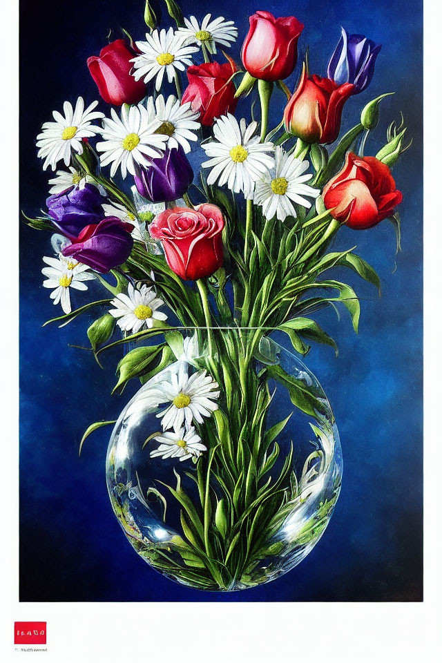 Colorful floral still life painting with transparent vase and various flowers on blue backdrop