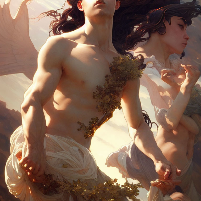 Winged male and female figures in ethereal fabrics on soft backdrop