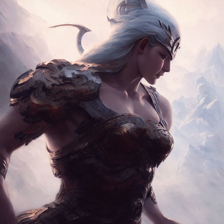 Silver-Haired Warrior in Bronze Armor Against Mountain Backdrop