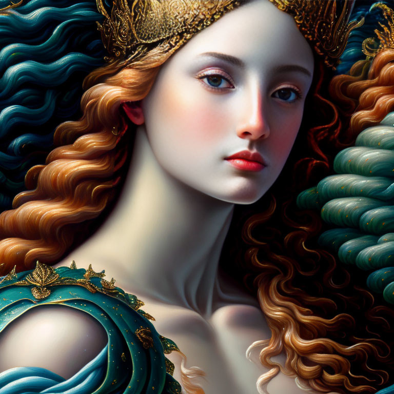 Digital artwork: Woman with auburn hair, porcelain skin, golden crown, blue and gold dress