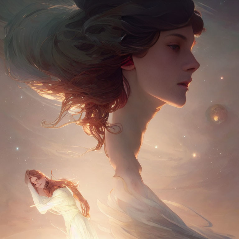 Ethereal woman with flowing hair in celestial setting