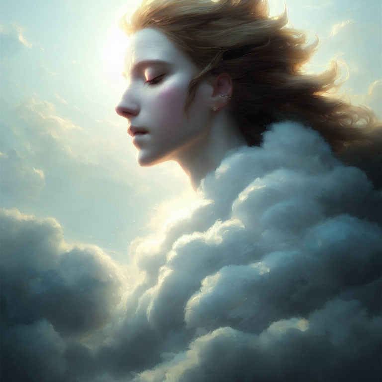 Profile of serene woman blending with soft clouds in tranquil sky, flowing hair under radiant sunbeam