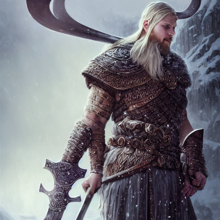 Viking warrior in snowstorm with long beard and ornate axe