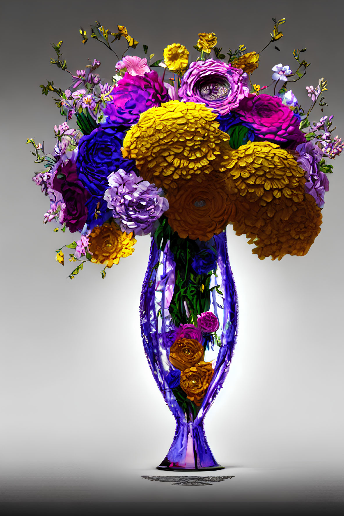 Assorted flowers in tall blue vase on neutral background