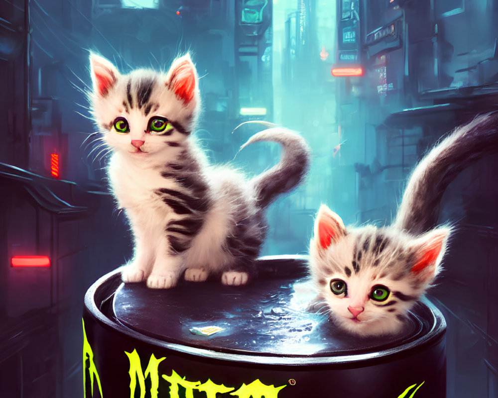 Two kittens on a barrel in neon-lit cyberpunk alleyway