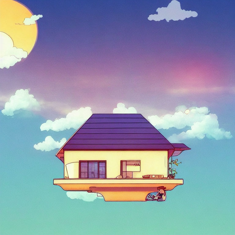 Floating house with blue roof under pastel sky with yellow sun and small figure