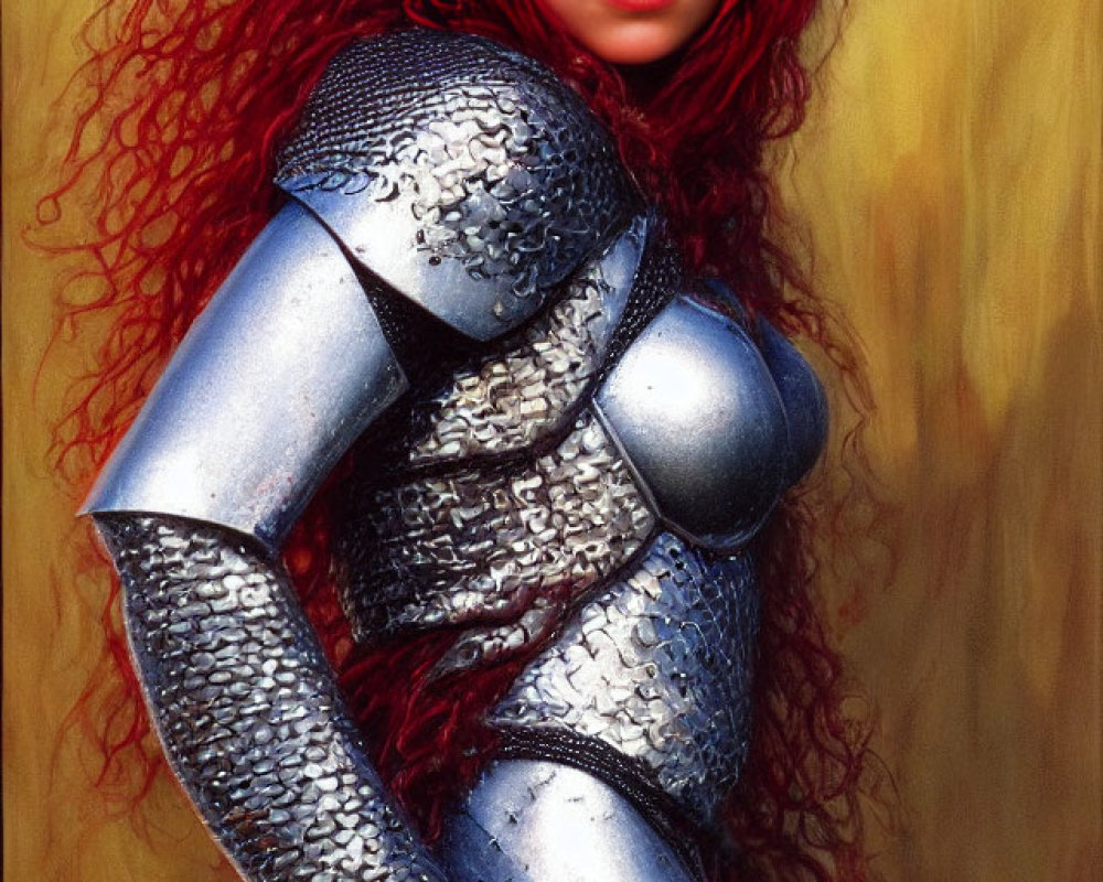 Red-Haired Woman in Silver Medieval Armor on Yellow Background