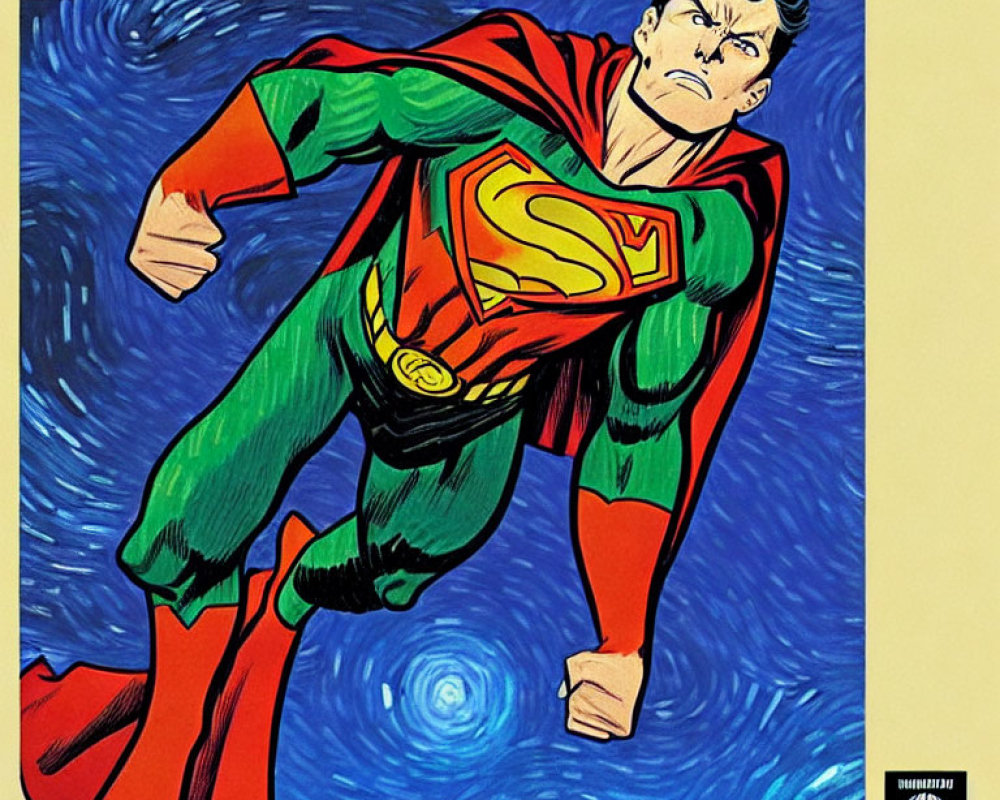 Superhero in Red Cape and Green Suit Flying on Blue Swirl Background