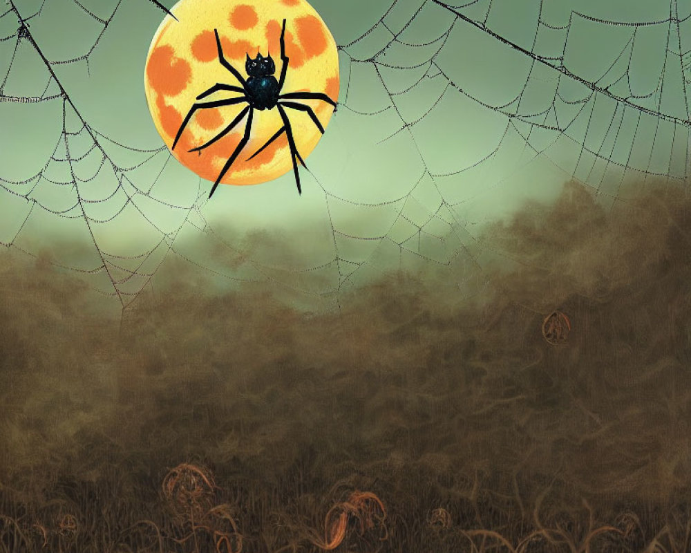 Large spider silhouette against orange full moon in misty, pumpkin-filled scene