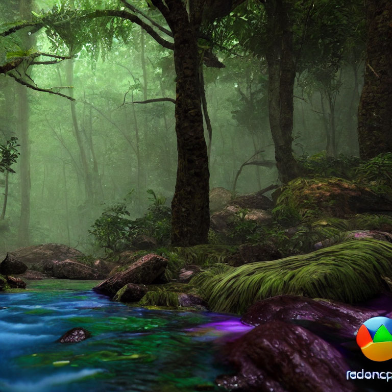 Tranquil forest scene with purple stones, lush greenery, and colorful stream