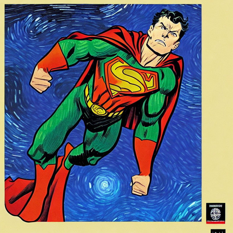 Superhero in Red Cape and Green Suit Flying on Blue Swirl Background