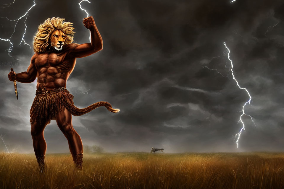 Anthropomorphic lion warrior with spear in stormy savanna landscape