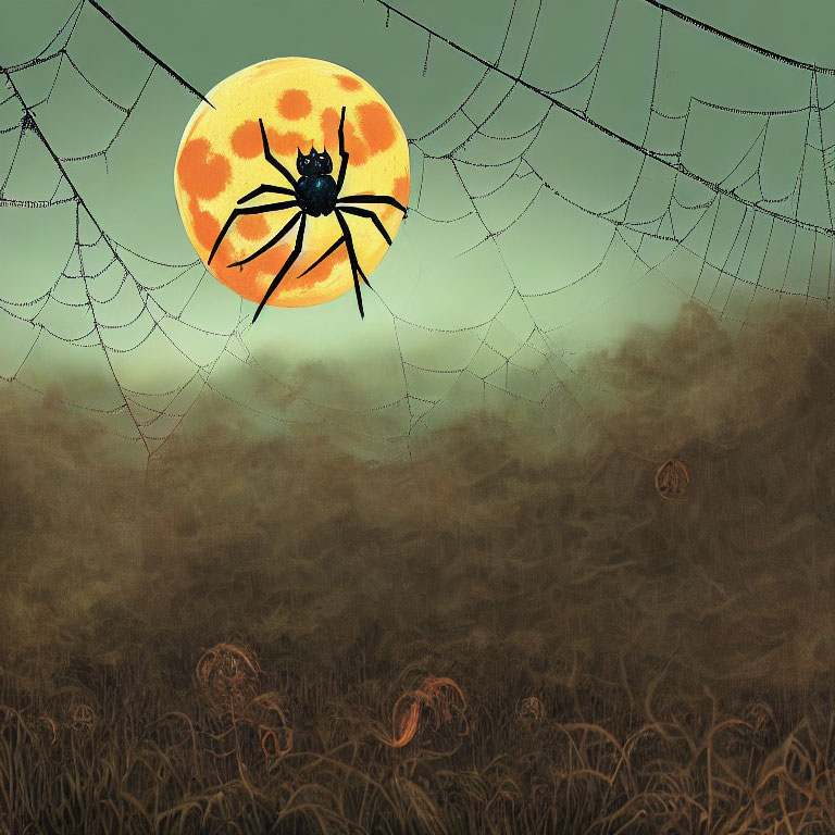 Large spider silhouette against orange full moon in misty, pumpkin-filled scene