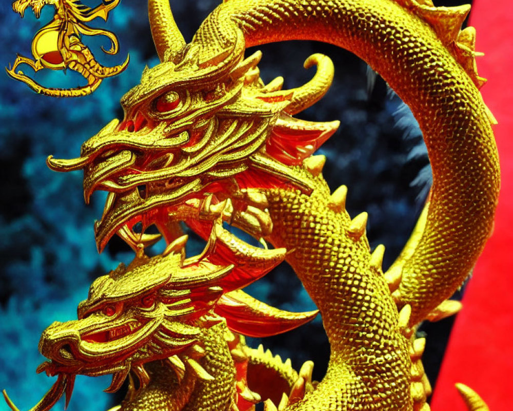 Golden Dragon Sculpture Against Blue and Red Background