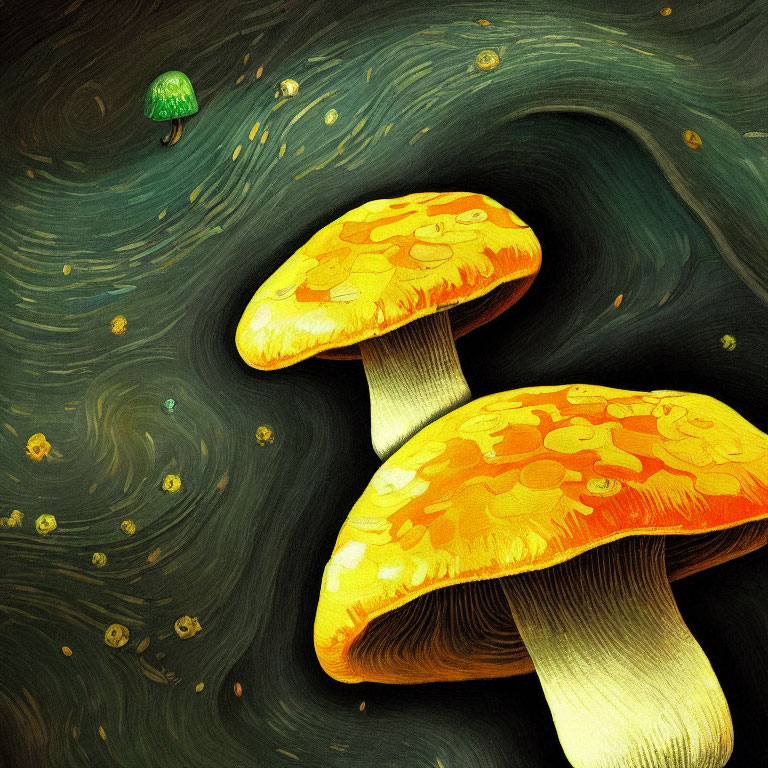Vibrant orange mushrooms on swirling green background