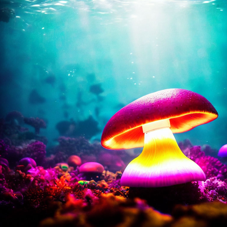 Colorful Neon-Lit Mushroom on Underwater Seabed with Fish Silhouettes