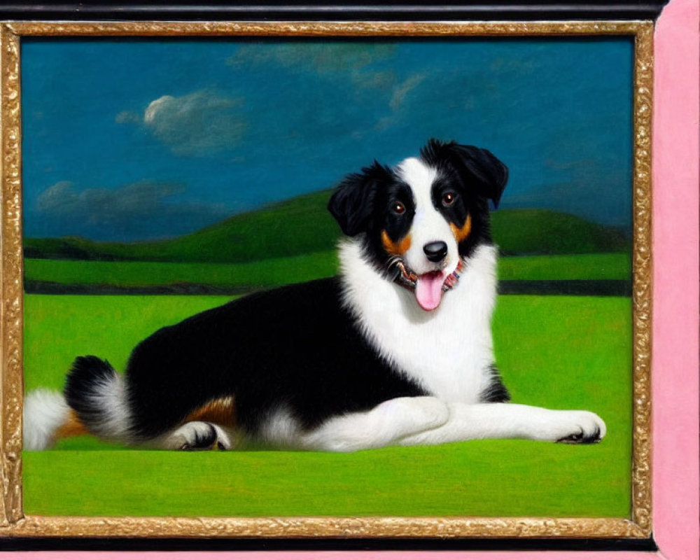 Black and White Dog Painting on Green Grass with Pink Frame