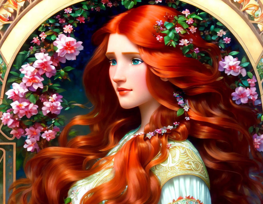 Digital Artwork: Woman with Long Red Hair and Pink Flowers in Blossoming Branches