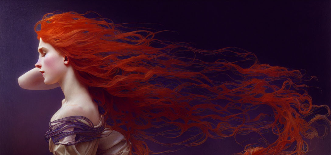 Woman with Flowing Red Hair on Purple Background
